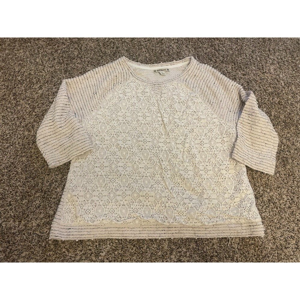 Ruff Hewn Shirt Women's Size XL Tan Pullover Half Sleeve Lace front Crewneck